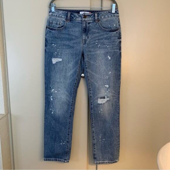 Cabi Womens Boyfriend Jeans Size 2 Distressed Straight Cropped Paint Splatter - Picture 7 of 16